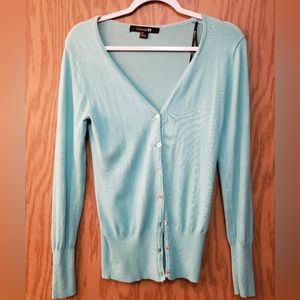 Pretty turquoise button up sweater with pearl buttons on front and sleeves.